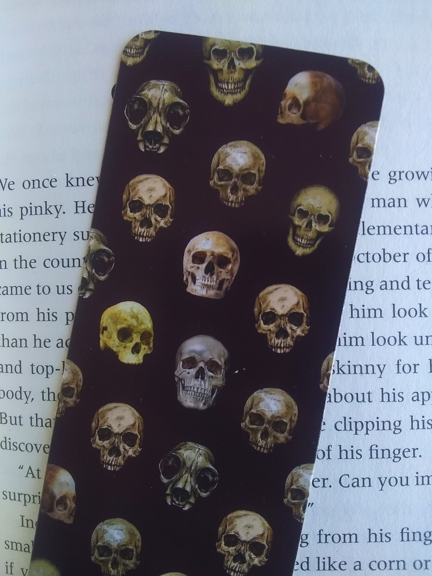 Bookmark with skull pattern on a book page