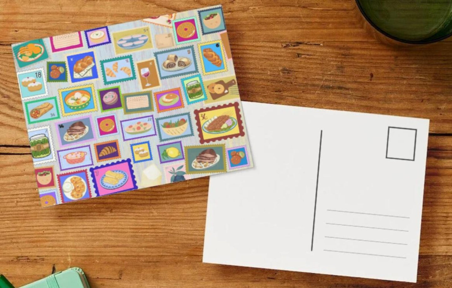 Colorful postcard with food illustrations on a wooden surface