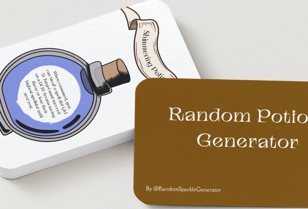 Two cards, one in front saying Random Potion Generator and one behind featuring a potion illustration on a white background. There is text in the middle of the potion bottle