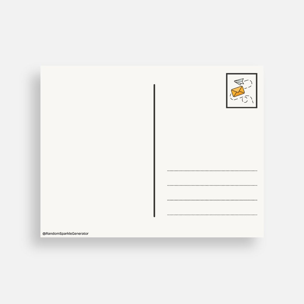 White postcard back with a black vertical line down the middle. In the bottom left it says "@RandomSparkleGenerator" in small black font. On the right side toward the bottom there are 4 horizontal black lines for an address. There is a rectangle in the top corner with a small graphic with an envelope in it.