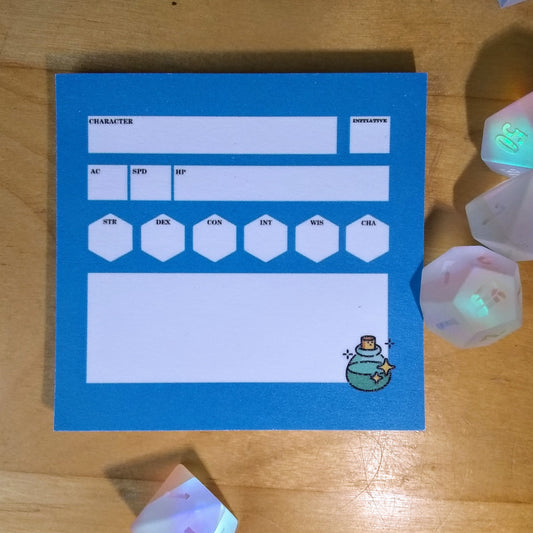 Character sheet on a wooden surface with dice