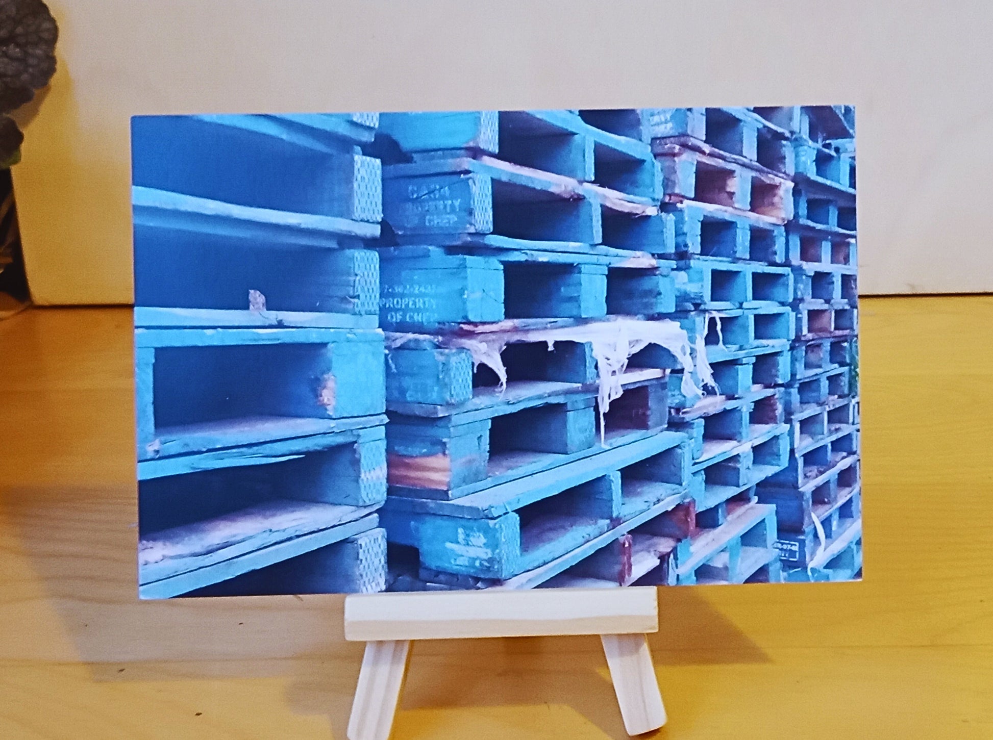 Postcard featuring stacks of blue pallets. It is sitting on a small easel against a white wall.