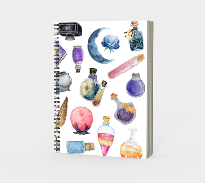 Notebook with colorful potion bottle design on a white background