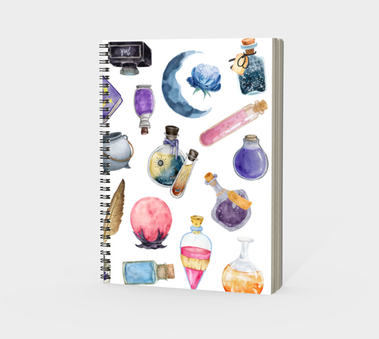 Notebook with colorful potion bottle design on a white background
