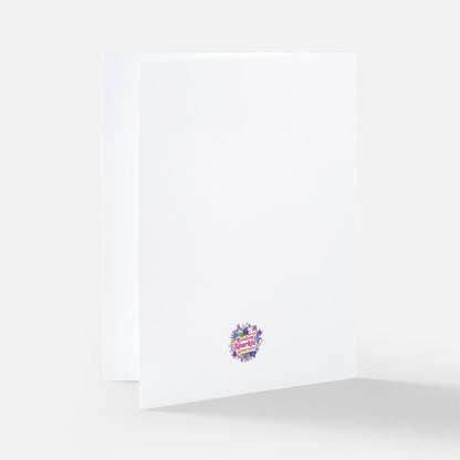Show s the back of a white card with a small colourful round logo at the bottom center. The card is on a white background. 
