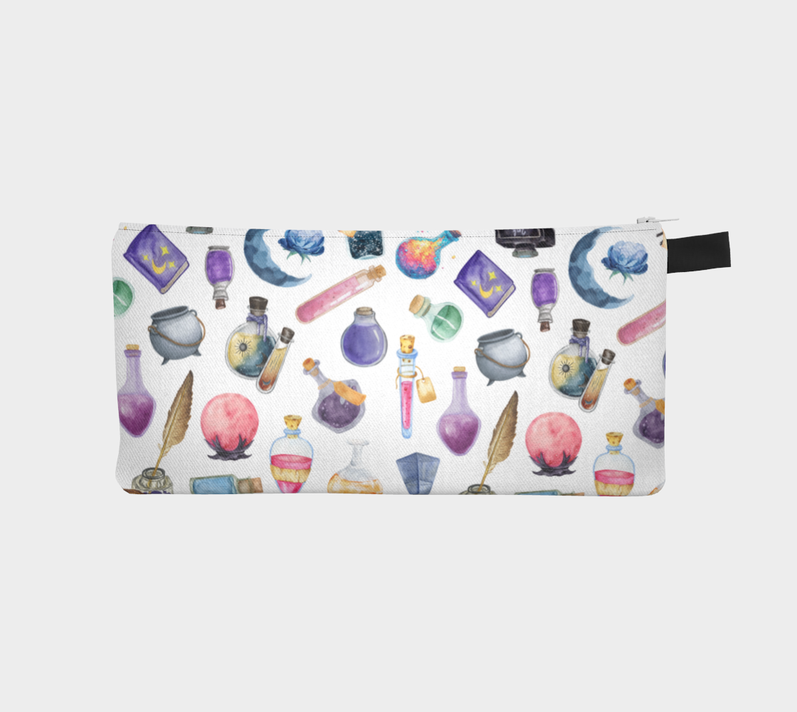 Pencil case with colorful potion bottle design on a white background