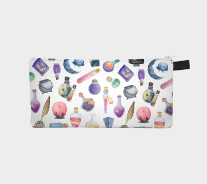 Pencil case with colorful potion bottle design on a white background