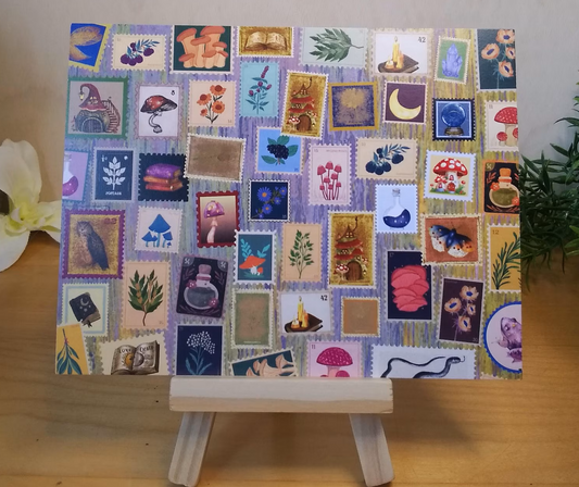 Postcard with a colourful potion-themed collage of illustrated stamps on a wooden easel. They show plants, potion bottles, a moon, candles, and mushrooms.