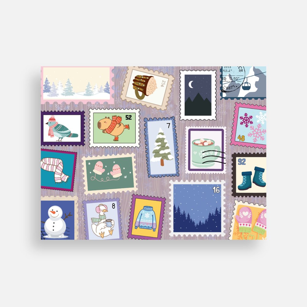 Postcard that shows a collection of colourful postage stamps with winter-themed illustrations on a gray background including scarves, mittens, hot cocoa, and cute animals wearing scarves.