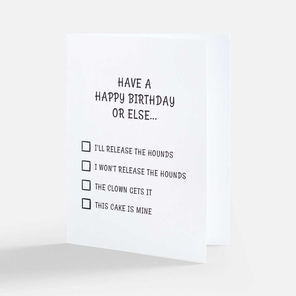 Birthday card with humorous checklist on a white background