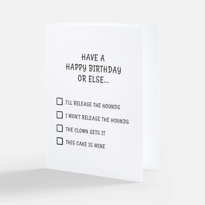 Birthday card with humorous checklist on a white background