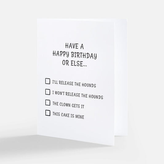 Birthday card with humorous checklist on a white background